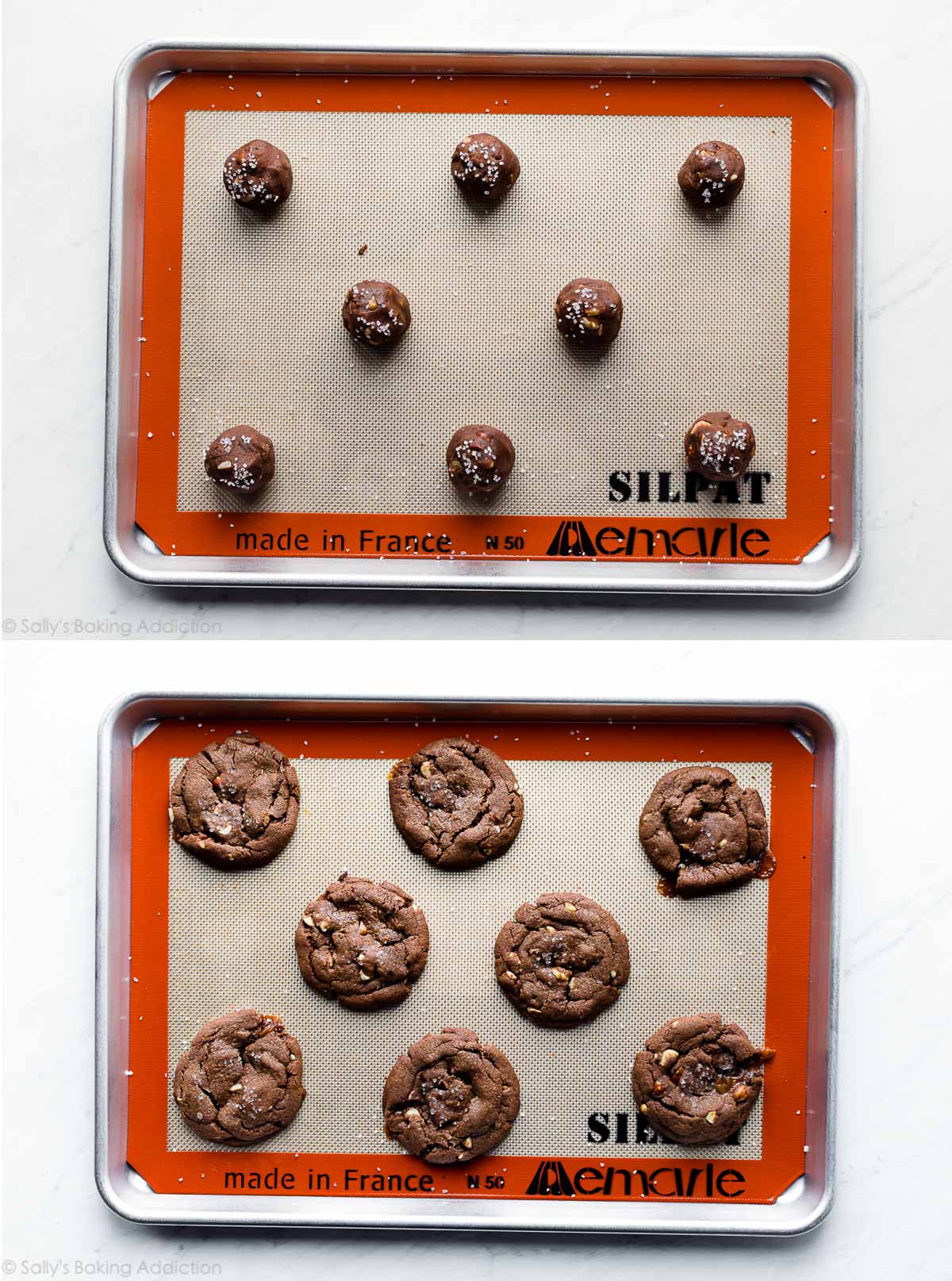 Biscuits Nutella au sel de mer sur une plaque à biscuits