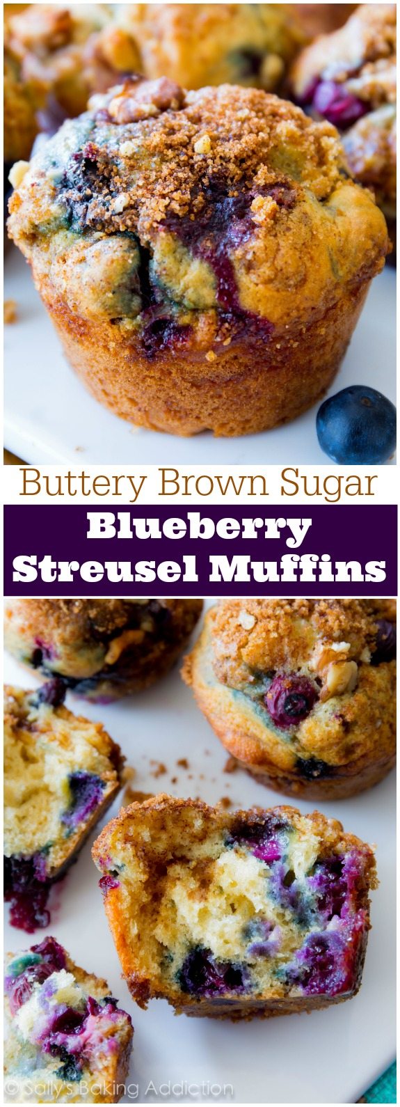 Mes muffins aux myrtilles préférés! Beurrés et humides, ces muffins fruités sont lourds sur le streusel de cassonade et les bleuets juteux.