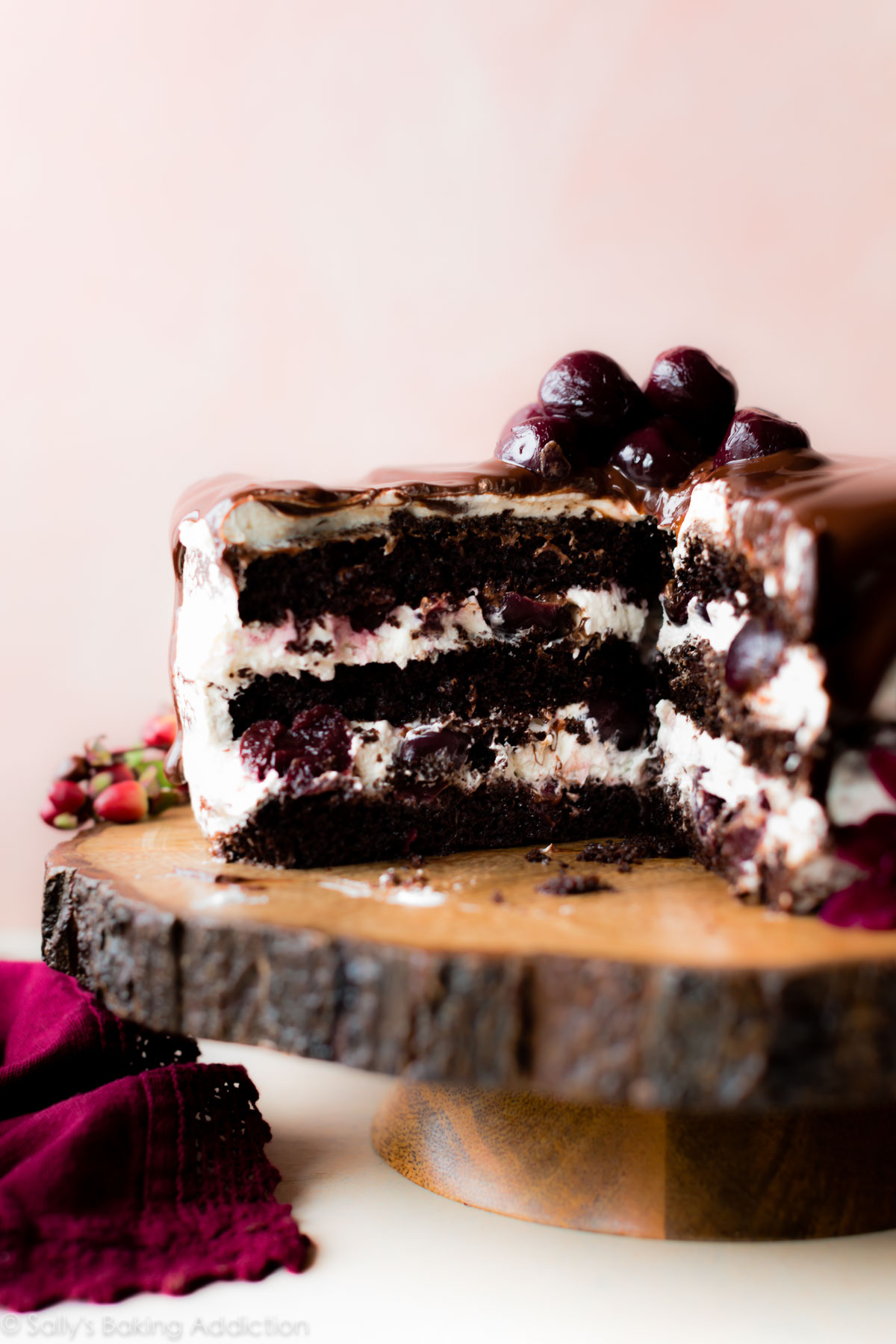 Le gâteau au chocolat super moelleux, la crème fouettée et les cerises douces noires sont des gâteaux de la Forêt-Noire! Gâteau au chocolat fait maison sur sallysbakingaddiction.com