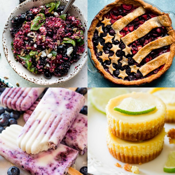 Collage d'images avec salade de quinoa aux petits fruits, tarte au drapeau américain, sucettes glacées aux bleuets et tarte au citron vert