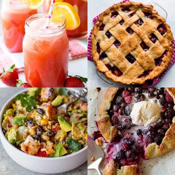 Collage d'images avec limonade aux fraises, tarte aux cerises, salade de poulet du sud-ouest et galette aux petits fruits