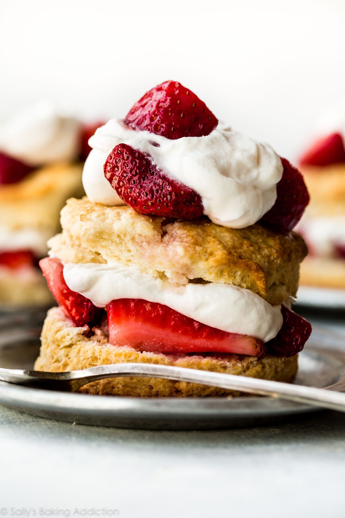 pile de sablés aux fraises hautes avec biscuit, crème fouettée et fraises