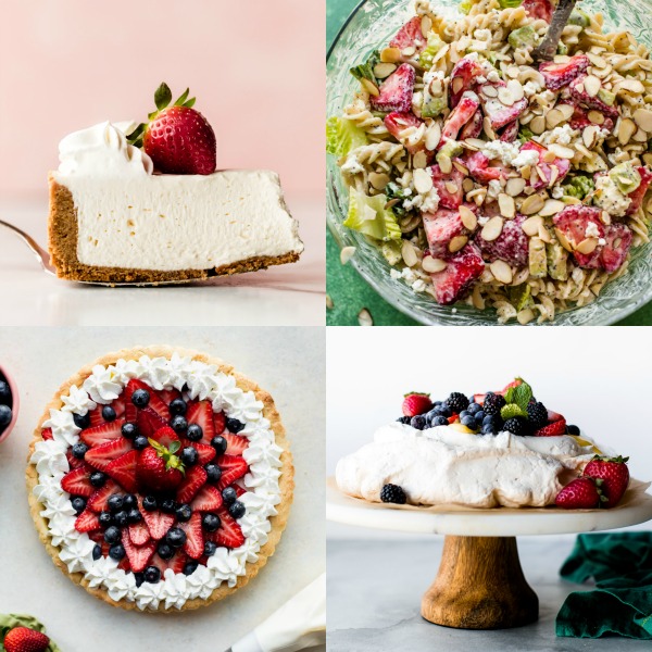 Collage d'images sans gâteau au fromage, salade de pâtes aux fraises, tarte aux fruits et pavlova