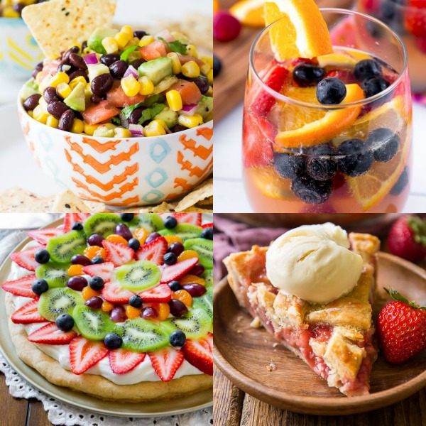 Collage d'images avec salsa d'avocat de maïs, sangria au champagne, pizza aux fruits et tarte à la rhubarbe aux fraises