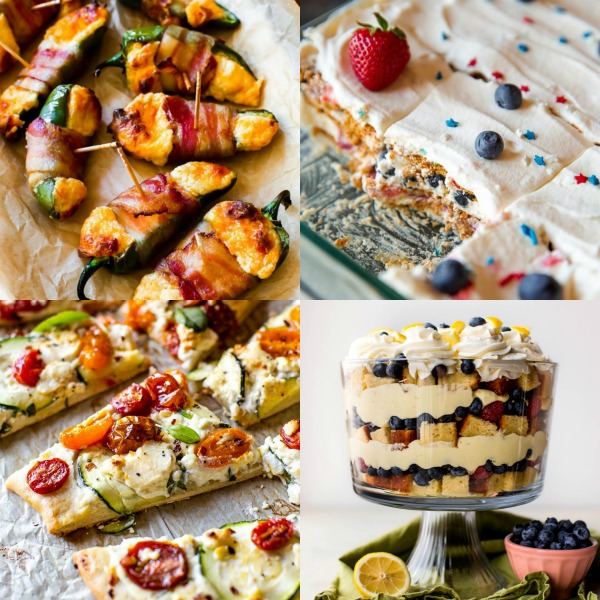 Collage d'images avec des jalapeños au fromage enveloppés de bacon, un gâteau glacée aux baies, du pain plat fait maison et des bagatelles aux baies de citron