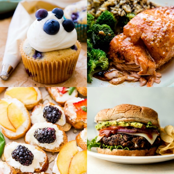 Collage d'images avec des petits gâteaux aux bleuets, du saumon grillé, des crostini au fromage de chèvre et des hamburgers aux haricots noirs