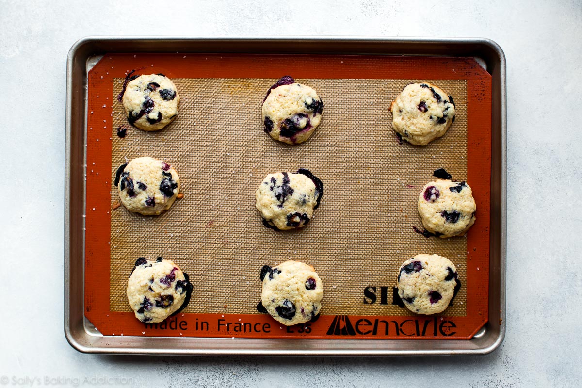 Biscuits aux muffins aux bleuets sur une plaque à pâtisserie
