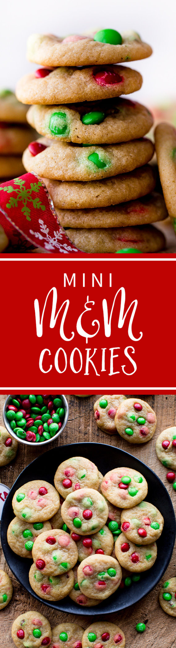 Adorables mini cookies M&M de la taille d'une bouchée pour Noël! Recette de cookie sur sallysbakingaddiction.com