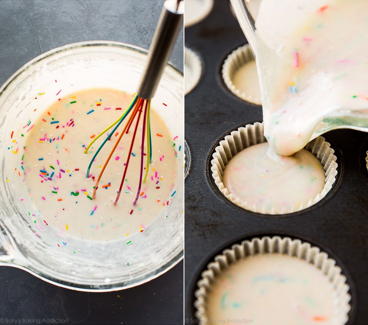 2 images de pâte à cupcake funfetti dans un bol en verre et dans un moule à cupcake