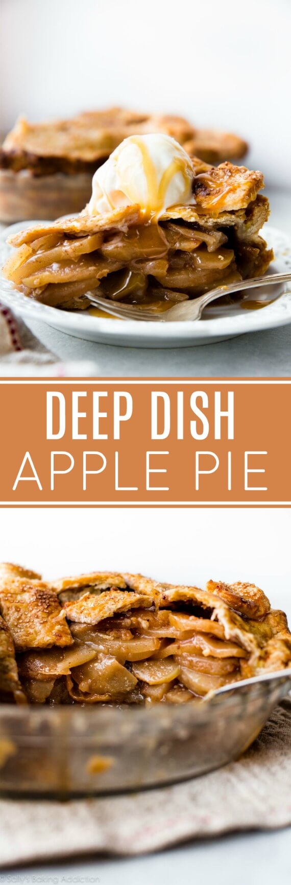 Plat à tarte aux pommes avec des couches et des couches de délicieuses tranches de pomme et une croûte de tarte feuilletée au beurre! Recette sur sallysbakingaddiction.com