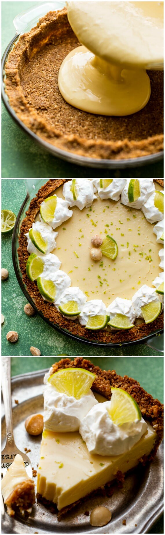 C'est la MEILLEURE recette de tarte au citron vert avec une croûte de noix de macadamia grillée et un remplissage facile de 3 ingrédients! Recette sur sallysbakingaddiction.com