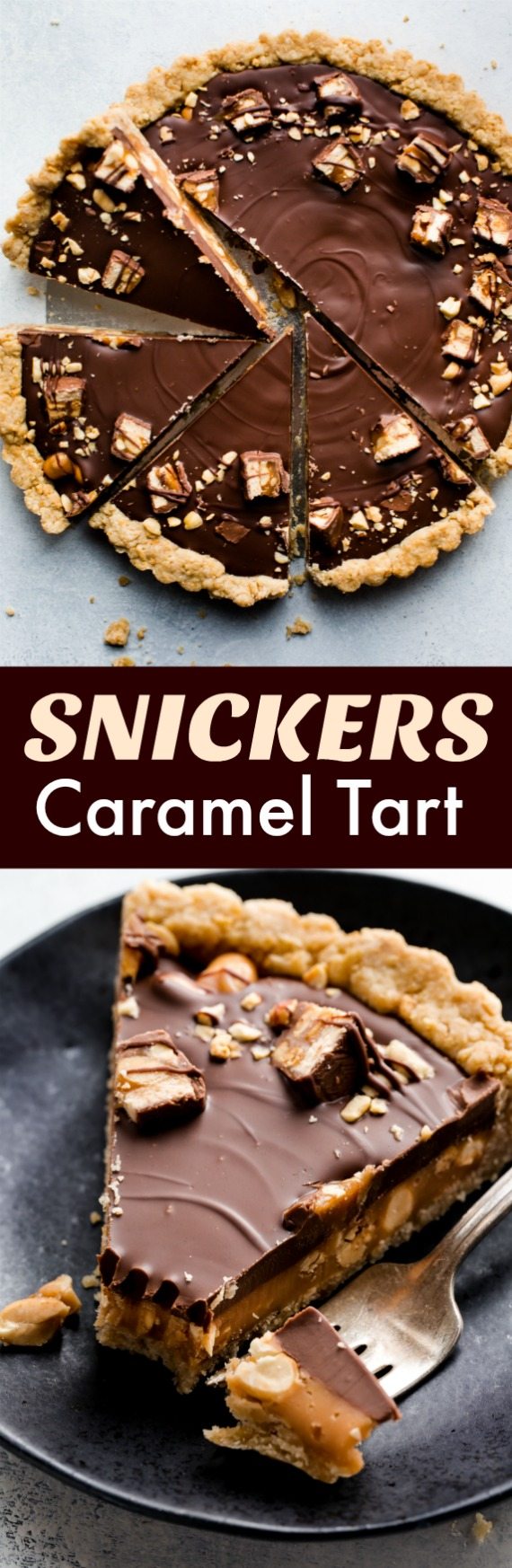 Recette de tarte au caramel Snickers avec beurre d'arachide, chocolat au lait, arachides et caramel salé pour un dessert sucré et salé! Recette sur sallysbakingaddiction.com