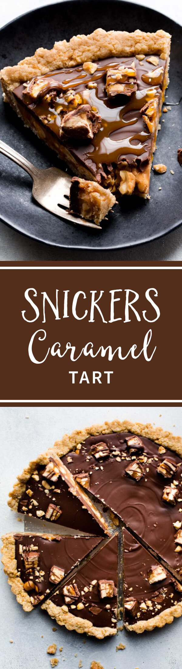 Tarte au caramel Snickers avec caramel salé, croûte d'arachide, arachides salées et garniture au beurre d'arachide au chocolat! Recette sur sallysbakingaddiction.com