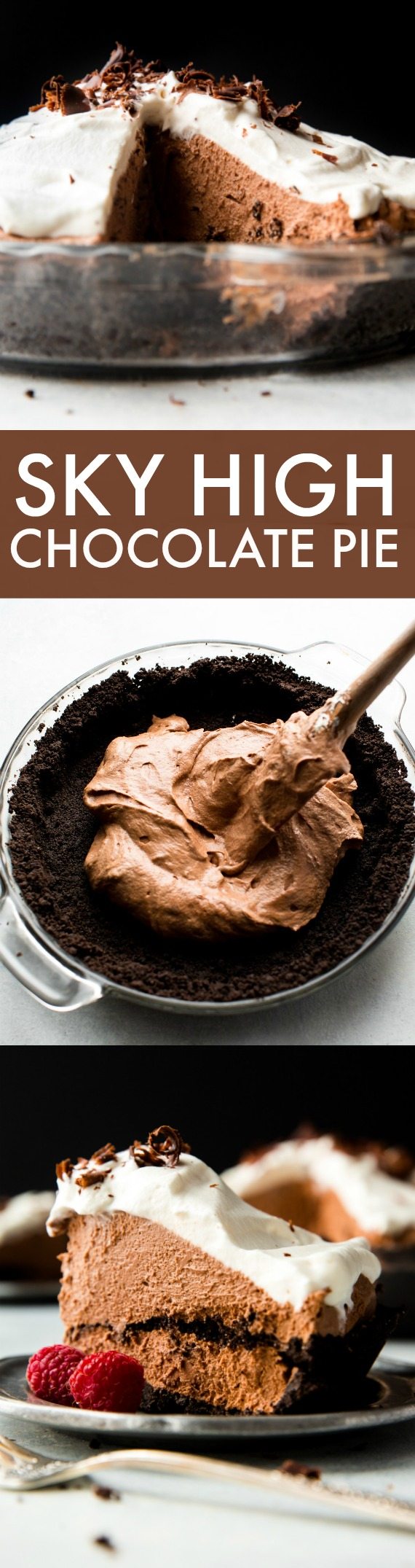 Tarte au chocolat Sky High avec mousse au chocolat, croûte d'Oreo et crème fouettée! Complètement divin! Recette sur sallysbakingaddiction.com