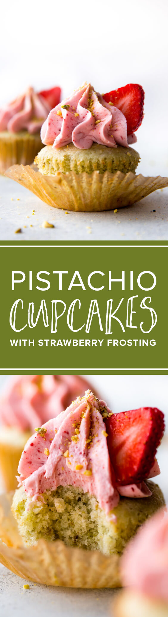 Cupcakes à la pistache délicieusement simples à partir de zéro avec un glaçage crémeux aux fraises! Recette sur sallysbakingaddiction.com