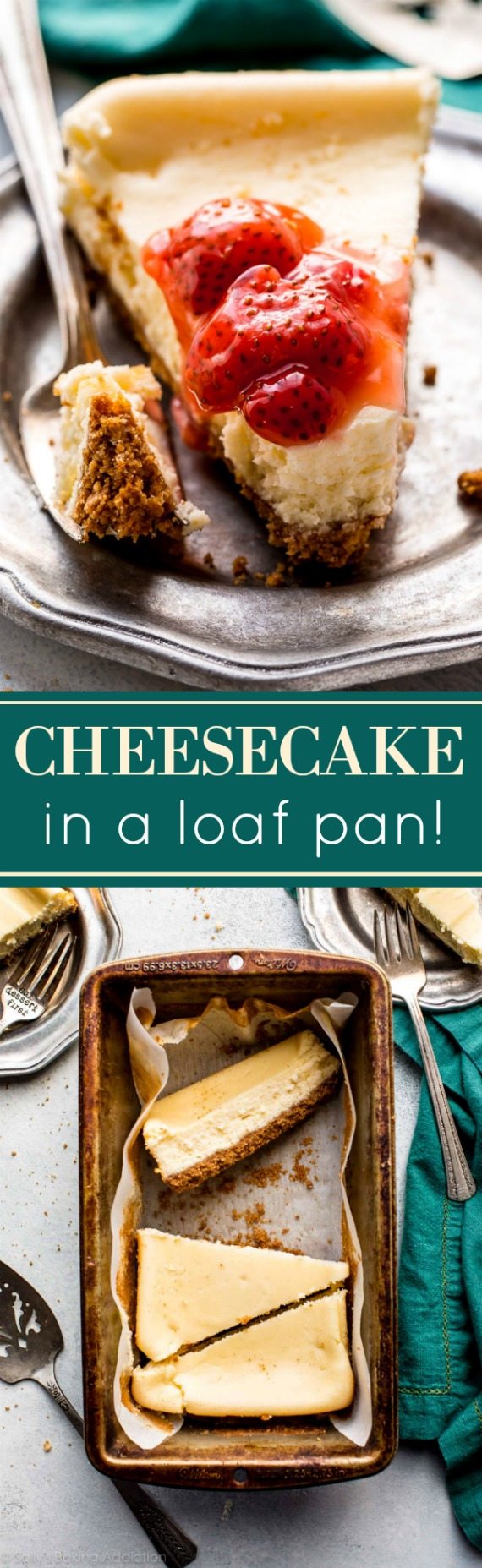 Le cheesecake en petits lots est si facile! Faites ces 5 tranches délicieusement crémeuses et épaisses dans un moule à pain! Recette sur sallysbakingaddiction.com