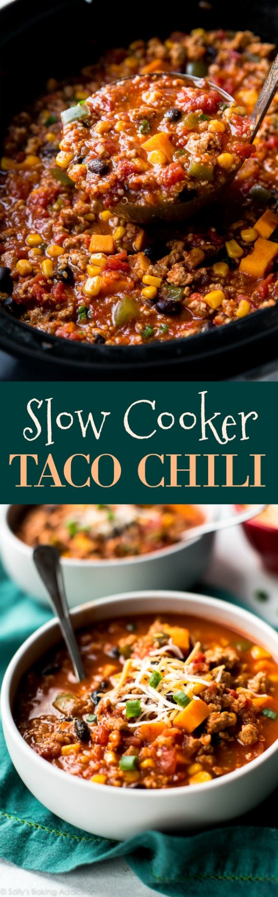 Laissez la mijoteuse faire toute la cuisine pour le dîner avec cette recette de piment taco aux épices folle et savoureuse! sallysbakingaddiction.com