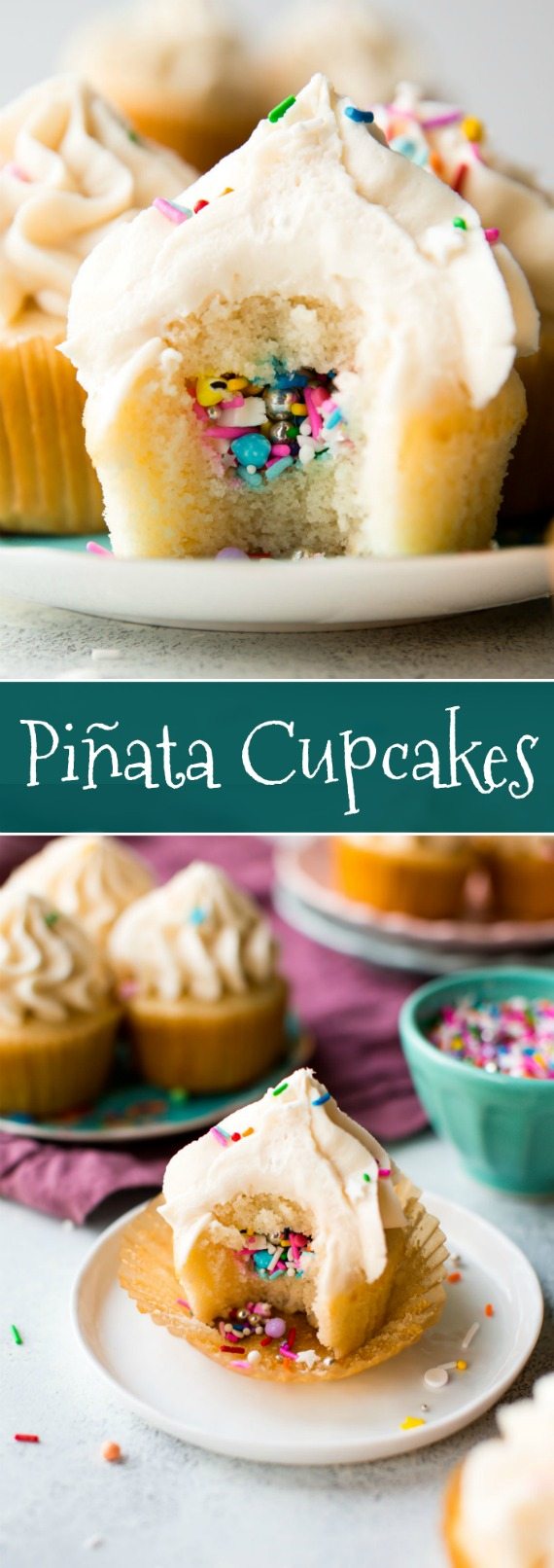 Comment faire des cupcakes de piñata de fête remplis de paillettes! Facile à faire et prêt pour toute célébration. Recette sur sallysbakingaddiction.com