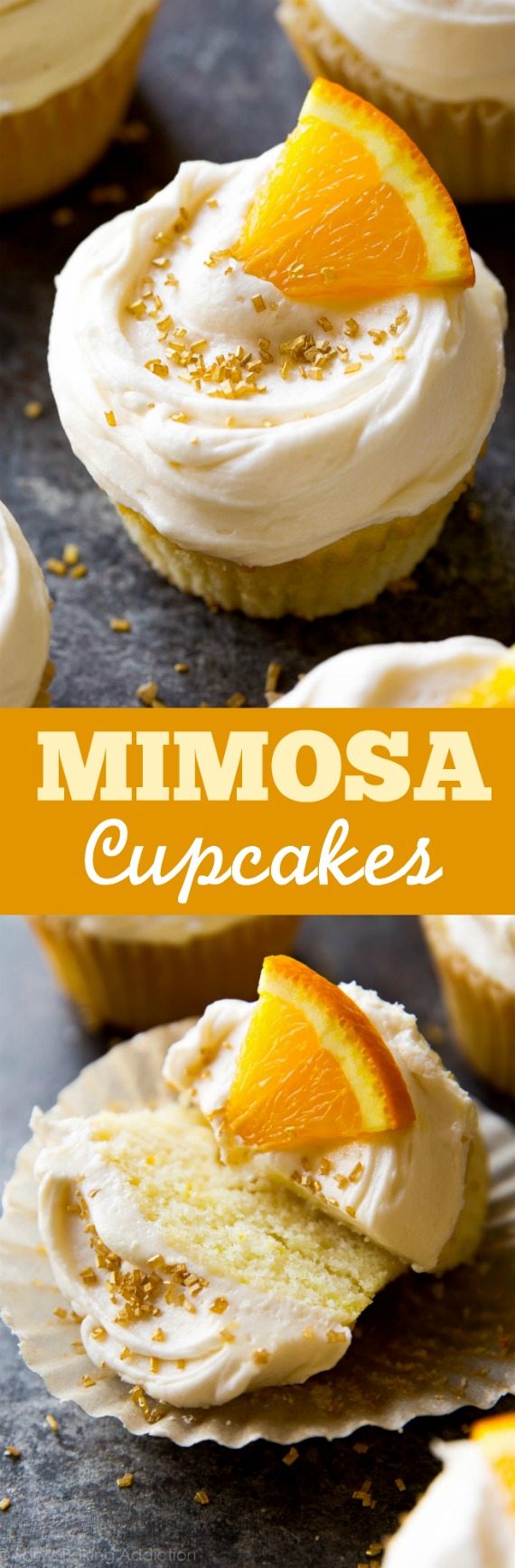 À votre santé! Cupcakes mimosa mous et moelleux avec glaçage au champagne sur sallysbakingaddiction.com
