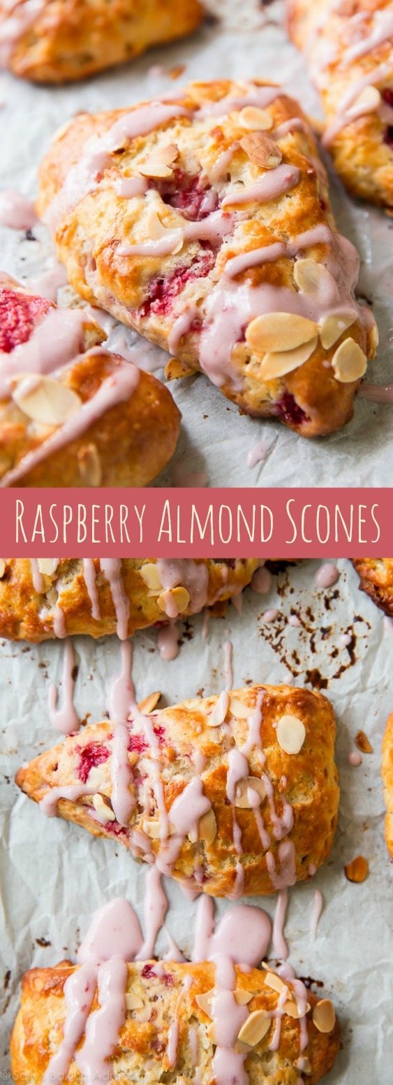 Scones feuilletés, doux et tendres avec des framboises juteuses et une saveur d'amande à chaque bouchée. Prenez tous mes conseils de cuisson au scone et la recette sur sallysbakingaddiction.com