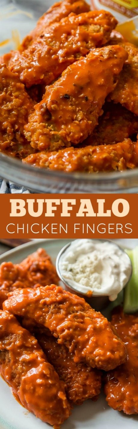 EXTRA doigts de poulet buffalo croustillants et cuits au four! Enrobé de cornflakes pour plus de croquant. Recette sur sallysbakingaddiction.com