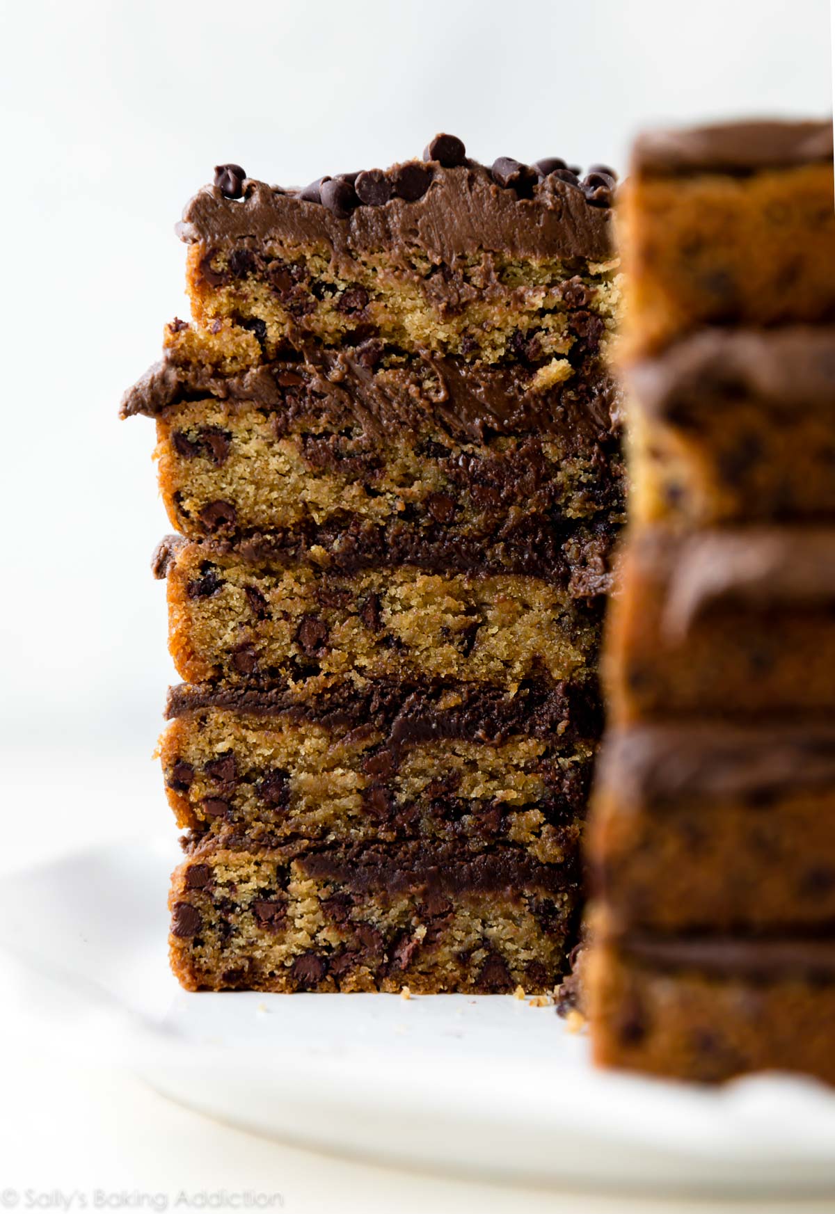 Gâteau de couche de biscuits aux brisures de chocolat moelleux et moelleux avec glaçage au beurre d'arachide au chocolat !! Recette sur sallysbakingaddiction.com
