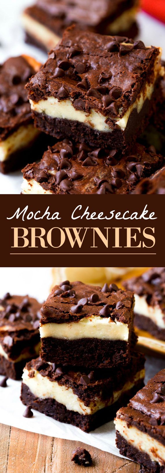 Brownies au gâteau au moka avec une couche de brownie au moka fait maison, un gâteau au fromage, des pépites de chocolat blanc et plus de chocolat! Recette sur sallysbakingaddiction.com