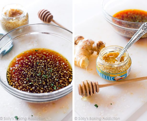2 images de glaçage au gingembre au miel et à l'ail dans un bol en verre et ingrédients pour le glaçage sur une planche à découper blanche