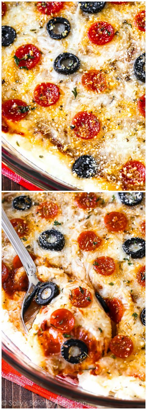 Trempette de pizza au pepperoni allégée facile avec du yogourt grec - c'est ma recette préférée de trempette à pizza! sallysbakingaddiction.com