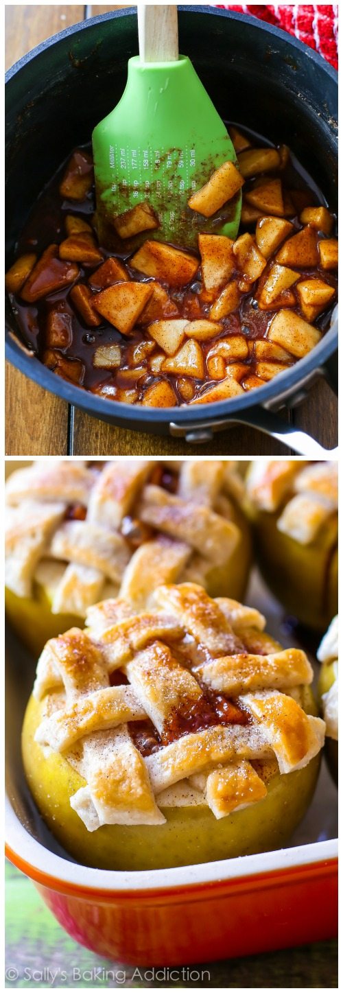 Apple Pie Baked Apples par sallysbakingaddiction.com. Tout ce que vous aimez dans la tarte aux pommes - la garniture gluante à la cannelle, les pommes chaudes, la croûte de tarte maison au beurre - le tout cuit dans une pomme. 