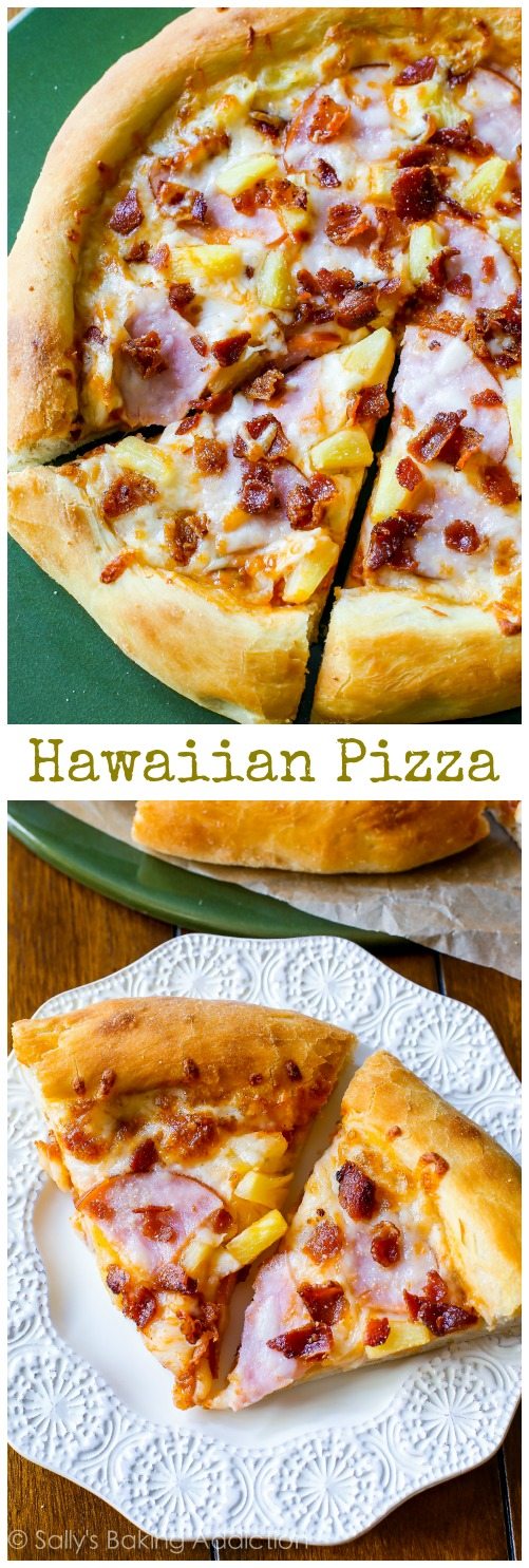 Hawaiian Pizza par sallysbakingaddiction.com. Cette recette qui plaît à la foule commence par ma croûte de pizza maison moelleuse et se termine par une pincée de bacon croustillant.