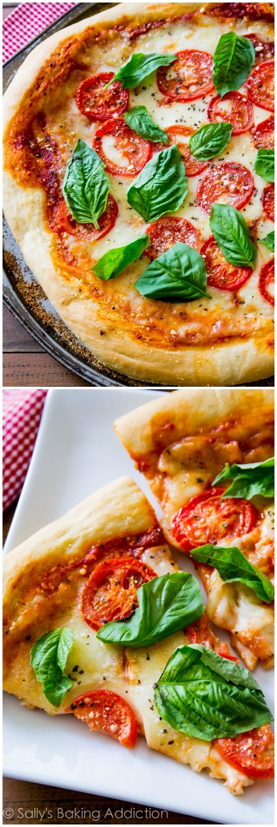 Parfois, vous ne pouvez tout simplement pas battre un classique comme la pizza Margherita fraîche et simple. Cette croûte de pizza faite maison avec des garnitures fraîches frappe la place!