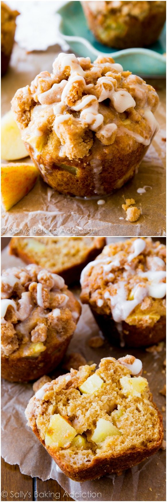 2 images de muffins aux miettes de pommes avec glaçage à la vanille