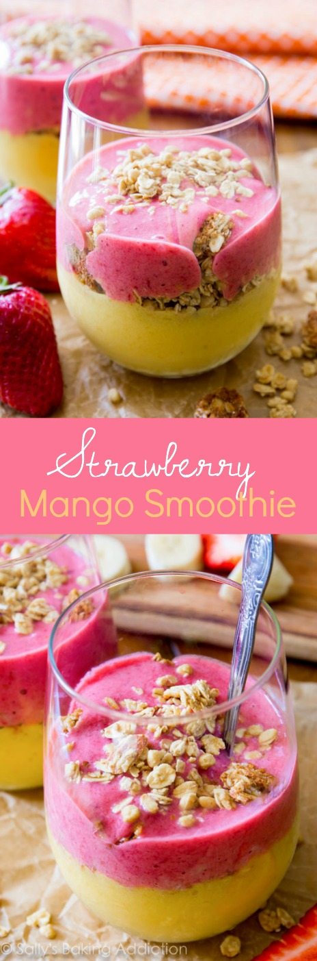 Délicieusement simple et sain Smoothie à la mangue et aux fraises sur sallysbakingaddiction.com