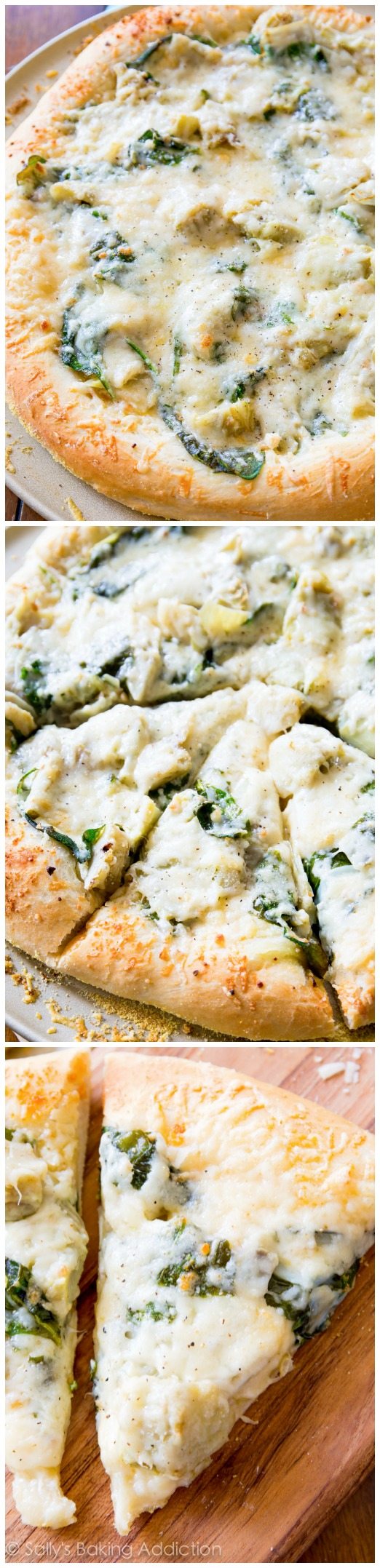 Pizza aux épinards et artichauts au fromage blanc - cette pizza blanche vous rappellera une trempette crémeuse et réconfortante aux artichauts!
