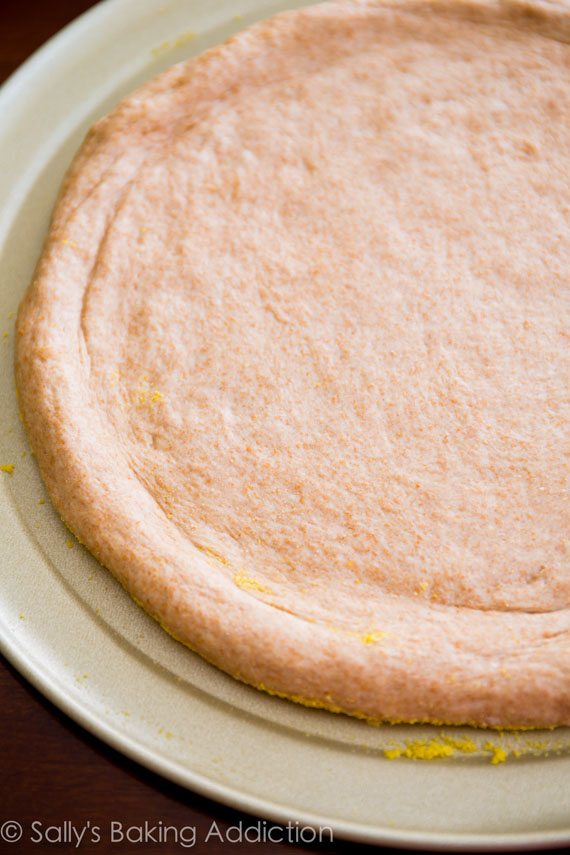 Comment faire une croûte de pizza au blé entier maison. Sucré, doux, moelleux et si simple! Visuels étape par étape sur sallysbakingaddiction.com