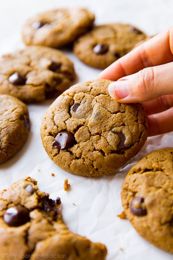 Biscuits aux pépites de chocolat au beurre d'amande sans farine à 5 ingrédients - sans gluten, simple, rapide! Recette sur sallysbakingaddiction.com
