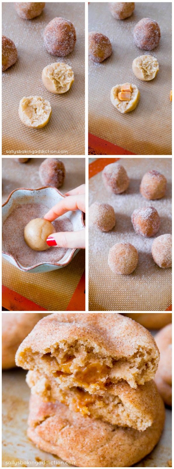 Comment faire des biscuits Snickerdoodle farcis au caramel! Recette sur sallysbakingaddiction.com