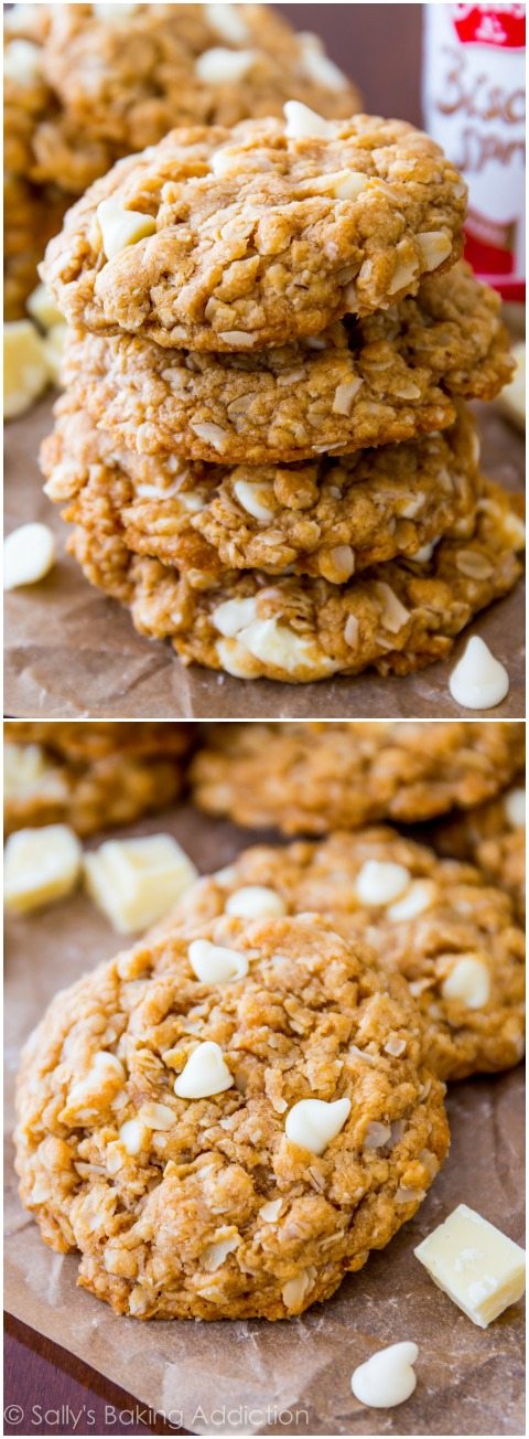 Biscuits à l'avoine mous et moelleux chargés de chocolat blanc sucré et beaucoup de pâte à tartiner Biscoff crémeuse! Ce sont si faciles à faire!