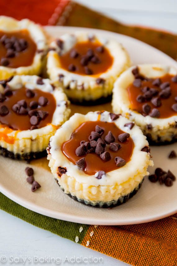 Mini gâteaux au fromage aux pépites de chocolat avec une croûte de biscuits Oreo et du caramel salé maison. sallysbakingaddiction.com