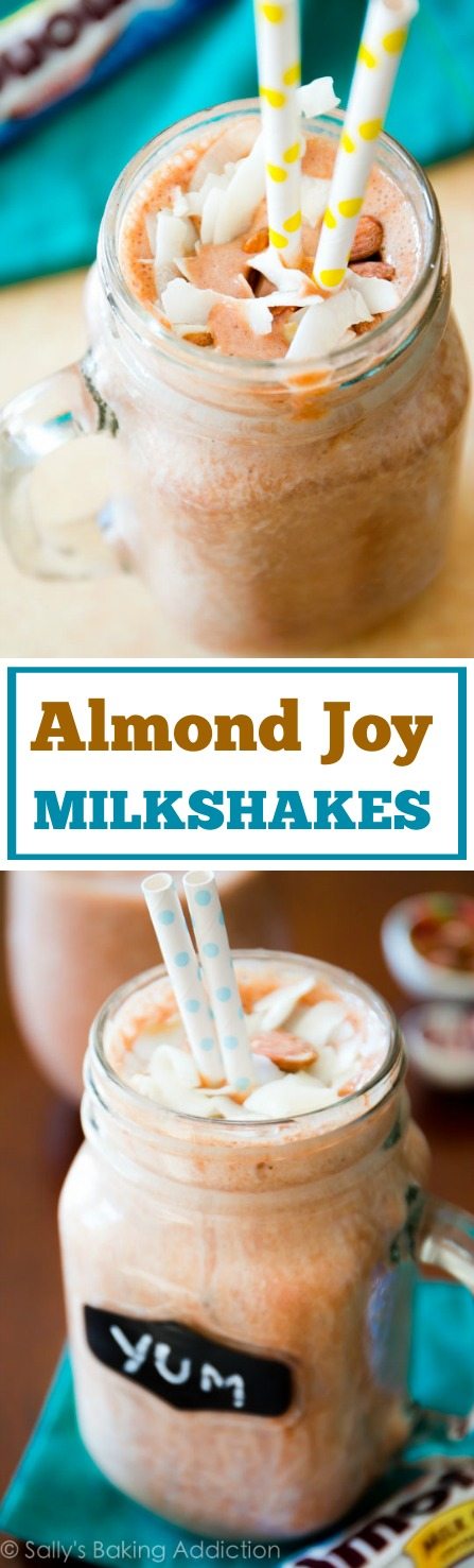 Milk-shakes Skinny Almond Joy à base de yaourt, de bananes et de cacao en poudre non sucré. Délicieux! Recette facile trouvée sur sallysbakingaddiction.com 