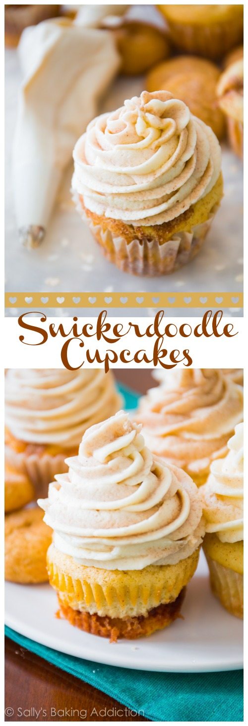 Cupcakes Snickerdoodle! Cupcakes à la vanille tourbillonnés à la cannelle et au sucre, garnis de glaçage crémeux à la cannelle et à la vanille.