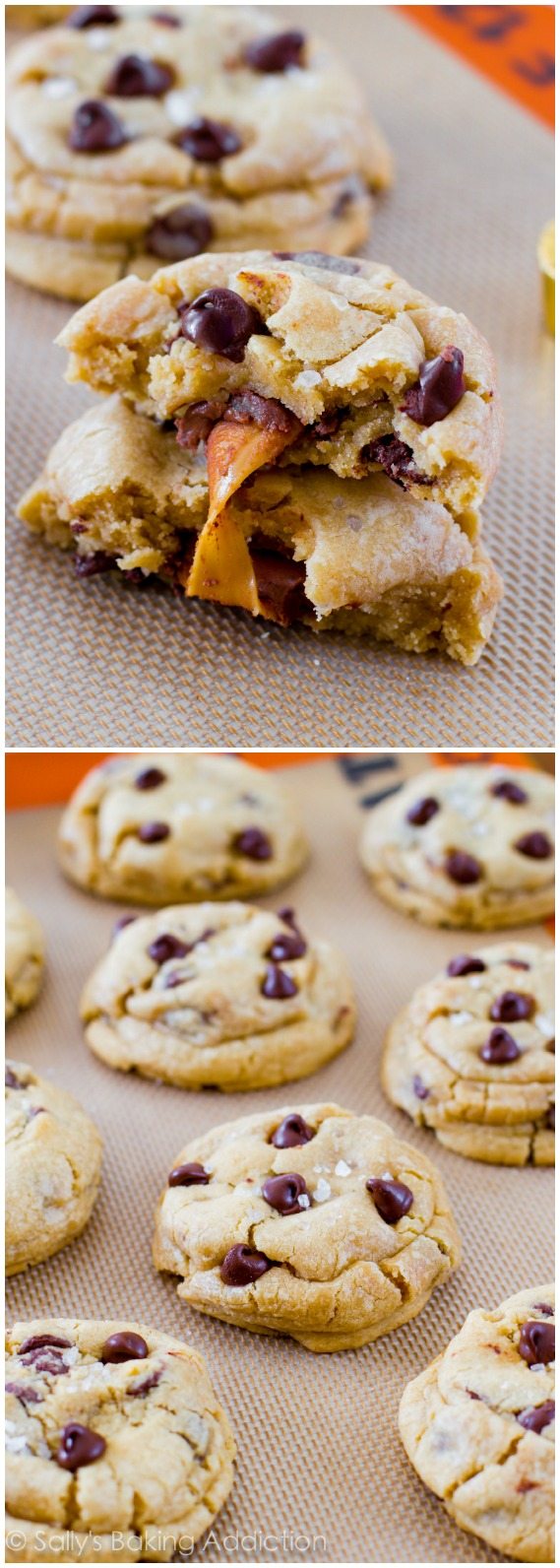 L’ultime gâterie sucrée et salée! Biscuits épais et moelleux aux pépites de chocolat farcis au caramel gluant et garnis de sel de mer. @sallybakeblog