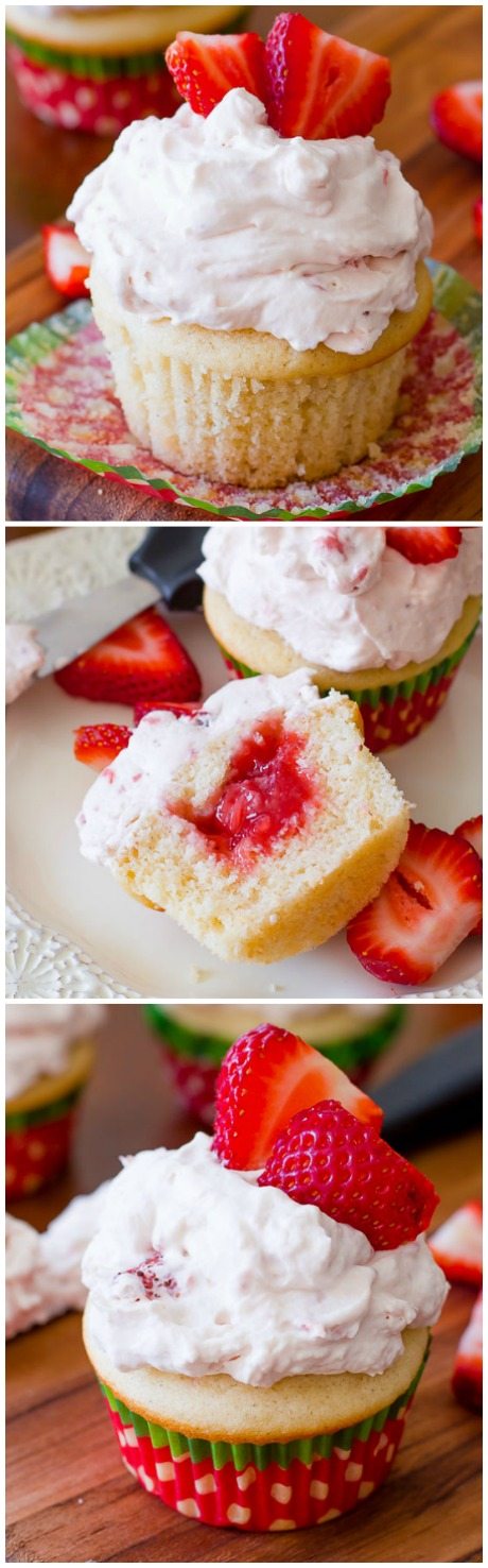 Petits gâteaux à la vanille remplis de garniture de fraises maison et garnis de crème fouettée aux fraises! Ce sont DÉLICIEUX! Recette par sallysbakingaddiction.com