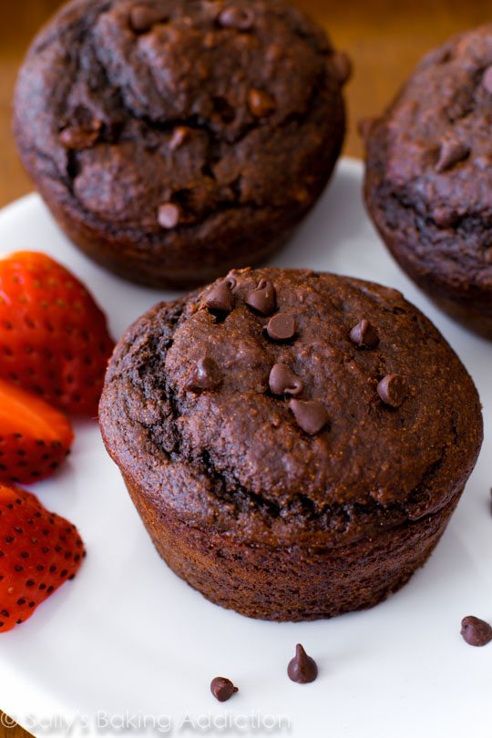 Vous ne réaliserez pas que ces muffins au chocolat double sont allégés et faibles en gras! Recette de muffins santé facile sur sallysbakingaddiction.com