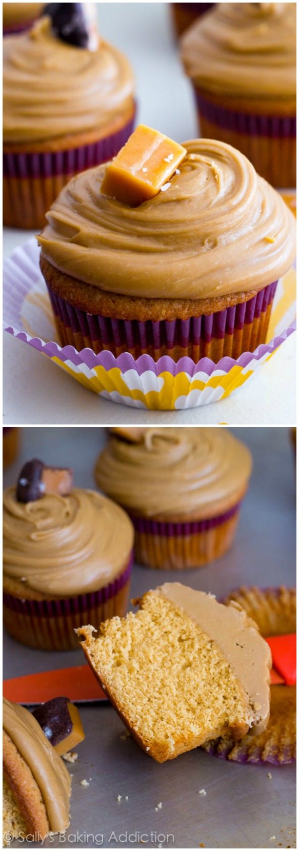 Ce sont les meilleurs cupcakes! Cupcakes au caramel garnis de glaçage au caramel salé et de bonbons au caramel salé. @sallybakeblog