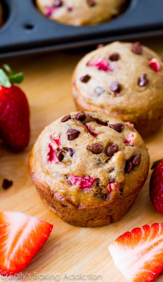 Incroyables muffins aux pépites de chocolat « allégés » avec des fraises fraîches. Presque sans gras et seulement 140 calories chacun! @sallybakeblog
