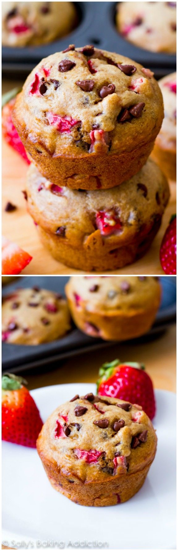 Incroyables muffins aux pépites de chocolat « allégés » avec des fraises fraîches. Presque sans gras et seulement 140 calories chacun! 