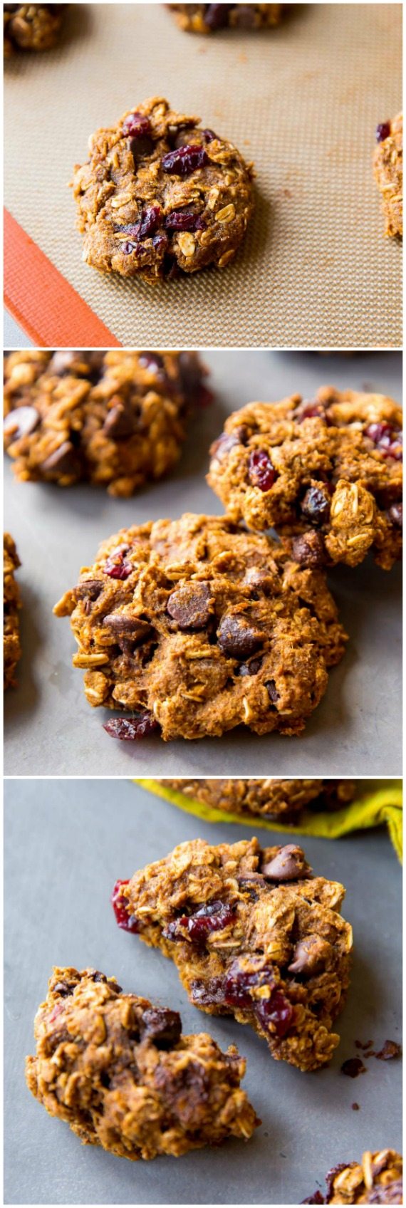 Biscuits à l’avoine aux pépites de chocolat à la citrouille plus saines avec des canneberges séchées! Facile et rapide! Recette sur sallysbakingaddiction.com