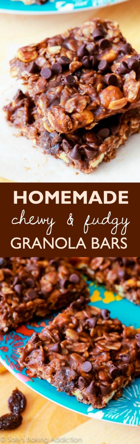 No-Bake Chewy Fudge Granola Bars - beurre d’arachide, chocolat, si simple! Recette sur sallysbakingaddiction.com